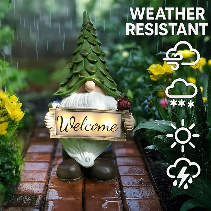 Garden Gnome Statue with Solar Lights, 13.5” Welcome Sign Gnome Outdoor Decor for Yard Lawn Patio, Funny Resin Gnome Sculptures, Gifts for Women Mom Grandma,Garden Decor Ornament-VerdiqueGarden