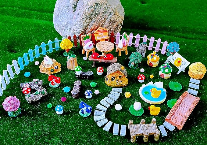 100 Pcs Miniature Fairy Garden Accessories Mini Landscape, Resin Micro Buildings Structures Tiny Animals Figurines-VerdiqueGarden