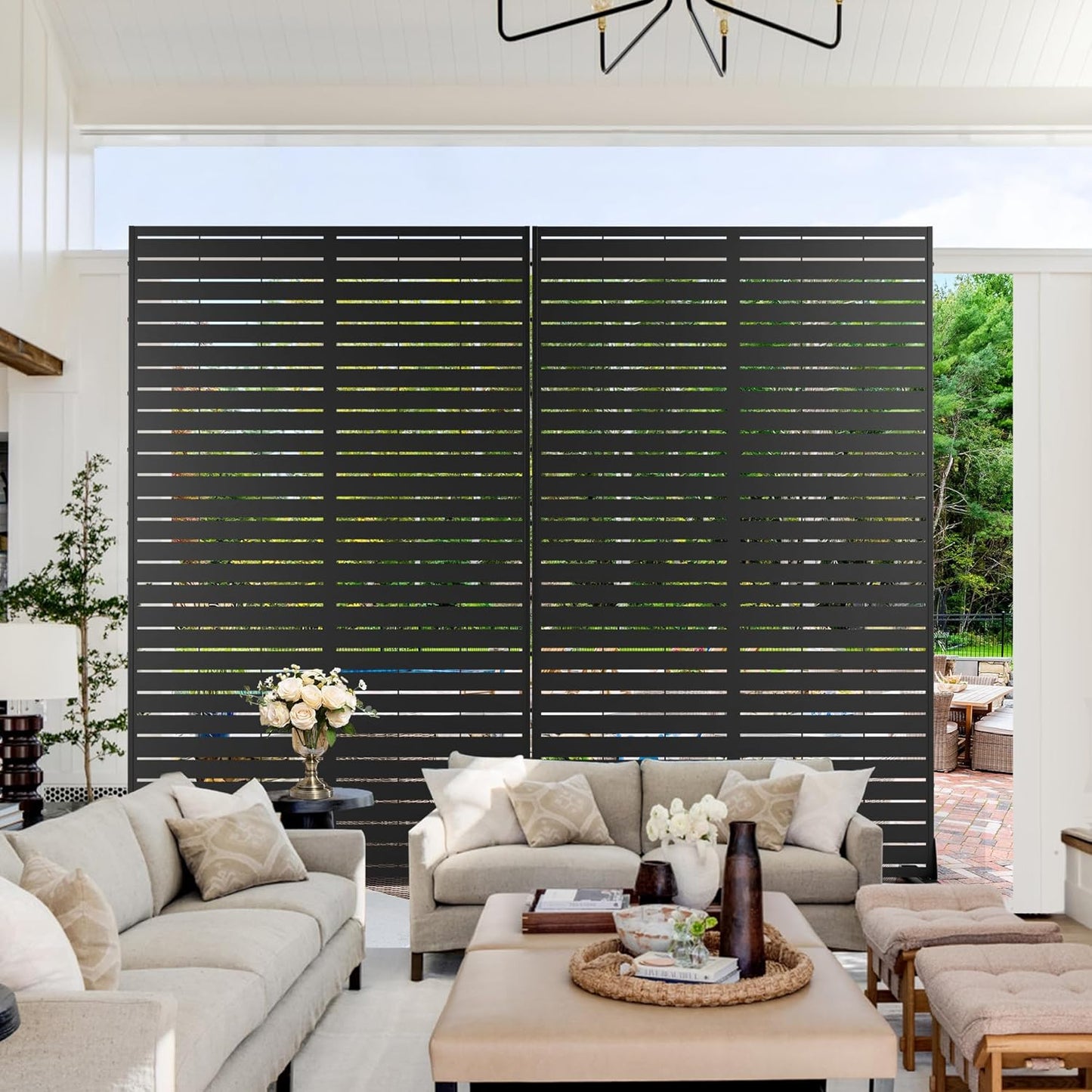 Metal Privacy Screen Outdoor 72" H×44" W,Freestanding Decorative Privacy Screen for Balcony Yard&Garden,Privacy Fence Black&Louvered(5 Panels)-VerdiqueGarden