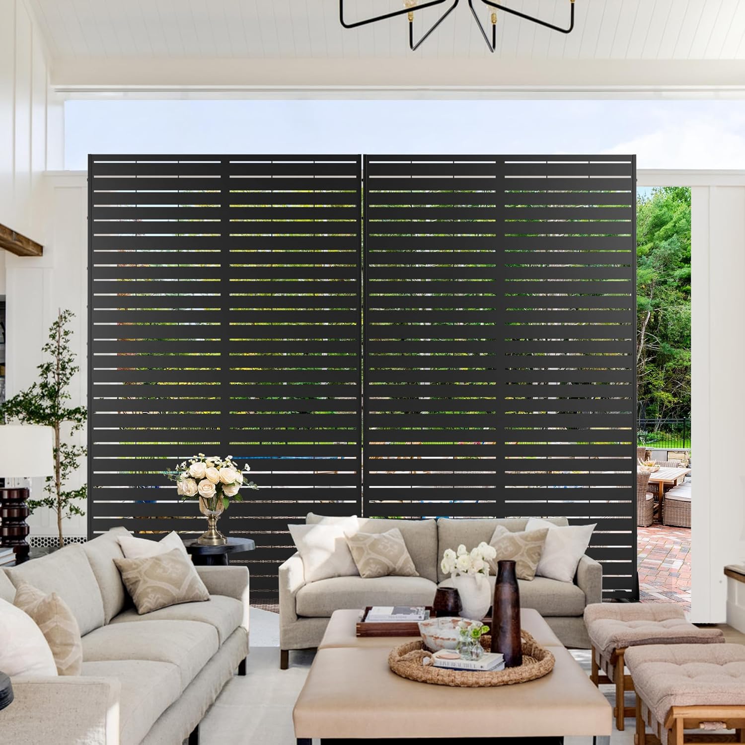 Metal Privacy Screen Outdoor 72" H×44" W,Freestanding Decorative Privacy Screen for Balcony Yard&Garden,Privacy Fence Black&Louvered(5 Panels)-VerdiqueGarden