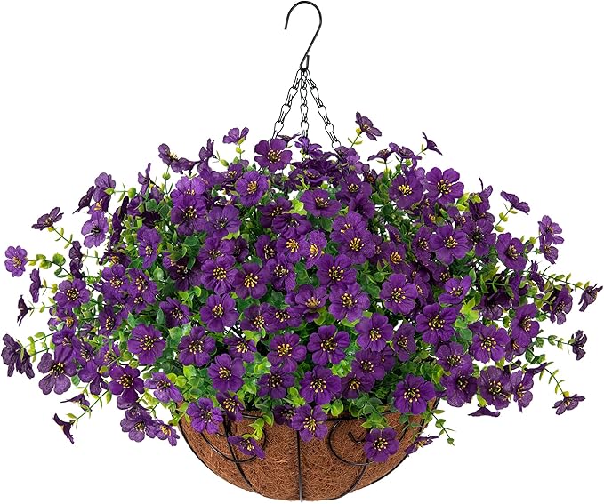 Artificial Fake Hanging Plants Flowers with Basket Outdoor Decor Faux Silk Dasiy Flower Arrangements in Pot Planter for Porch Home Indoor Patio Garden Yard Decoration-VerdiqueGarden