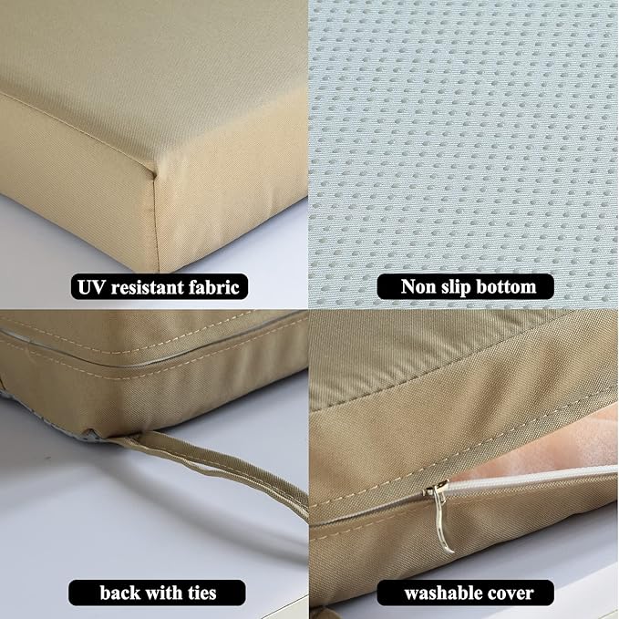 Patio Chair Cushions Set of 2 Non Slip Bottom Chair Pad with Ties Waterproof Square Outdoor Seat Cushion Replacement for Garden Swing Furniture 20x20 Inch, Light Khaki-VerdiqueGarden