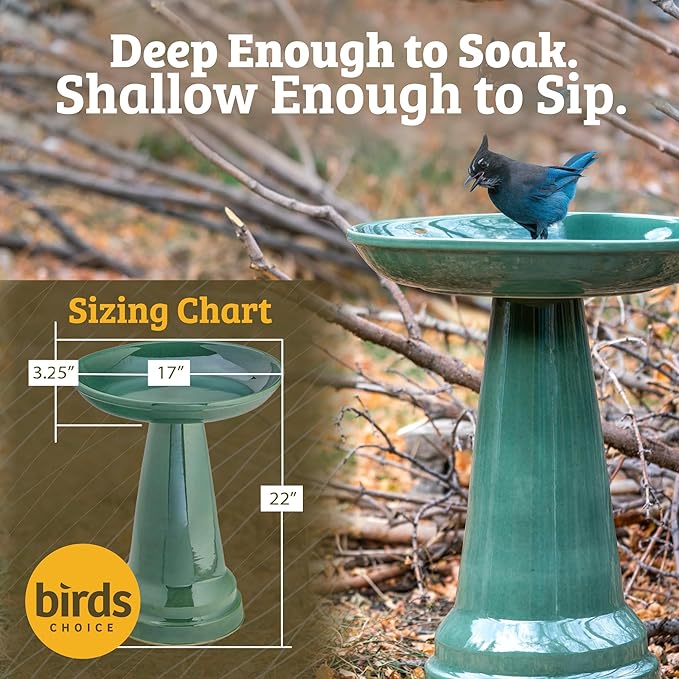 Birds Choice Ohio Stoneware Bird Bath | Pedestal Bird Bath, Stable Locking Top | Weather-Resistant Ceramic Clay, Glazed Finish | Outdoor Garden & Patio Decor | 22" H x 17" D, Summer Blue-VerdiqueGarden