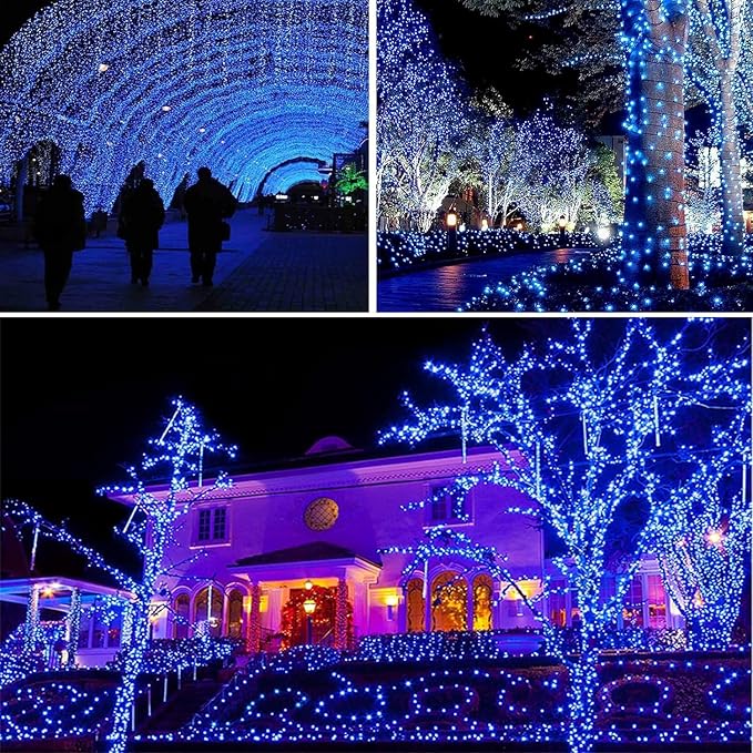 EEW 2-Pack 200 LED Solar String Lights Outdoor, Solar Christmas Lights with 8 Lighting Modes, Waterproof Green Wire Solar Tree Lights for Outside Xmas Wedding Party Garden Patio Decorations (Blue)-VerdiqueGarden