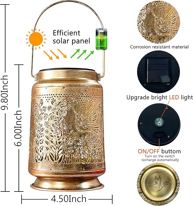 KY&BOSAM Fly Hummingbird Solar Lanterns Outdoor Waterproof Hanging Solar Lights Christmas Gifts for Women Men Metal Bird Decoration LED Solar Lantern Garden Decor for Yard,Tabletop,Pathway,Landscape-VerdiqueGarden