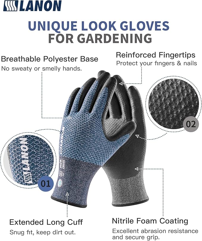 LANON Gardening Gloves for Men Women, 2 Pairs Nitrile Coated Garden Gloves with Grip, Breathable B.COMB AIR Technique, Dusty Olive & Bluebird, Large-VerdiqueGarden