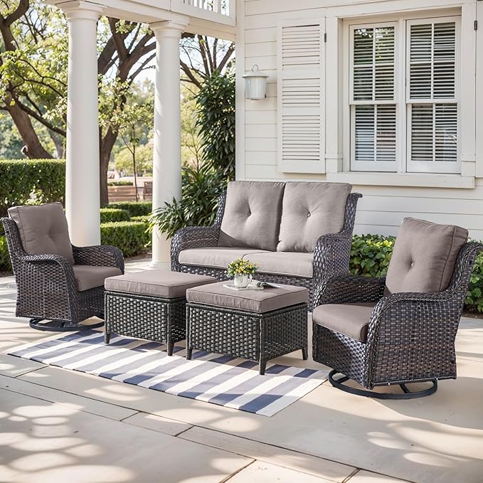 Outdoor Wicker Patio Furniture Set - 5 Piece Rattan Patio Conversation Set with 2 Rocking Swivel Chairs,2 Ottomans and 1 Loveseat for Porch Deck Backyard Garden(Brown/Grey)-VerdiqueGarden