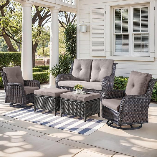 Outdoor Wicker Patio Furniture Set - 5 Piece Rattan Patio Conversation Set with 2 Rocking Swivel Chairs,2 Ottomans and 1 Loveseat for Porch Deck Backyard Garden(Brown/Grey)-VerdiqueGarden