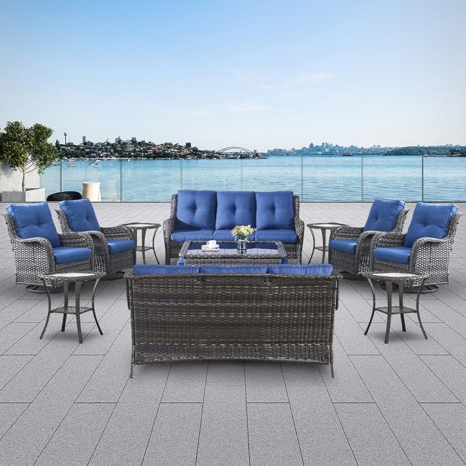 Wicker Patio Furniture Sets - 13 Piece Outdoor Rattan Furniture Conversation Sets with 4 Swivel Rocker Chairs, 2 Rattan Sofas, Wicker Ottomans and Coffee Table, Mixed Grey/Blue-VerdiqueGarden