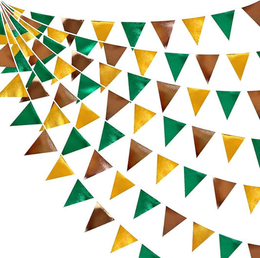 Green Gold Brown Metallic Fabric Triangle Pennant Banner Flag Bunting Garland for Football Jungle Safari Wild Woodland Birthday Baby Shower Wedding Bachelorette Graduations Party Decorations Supplies-VerdiqueGarden
