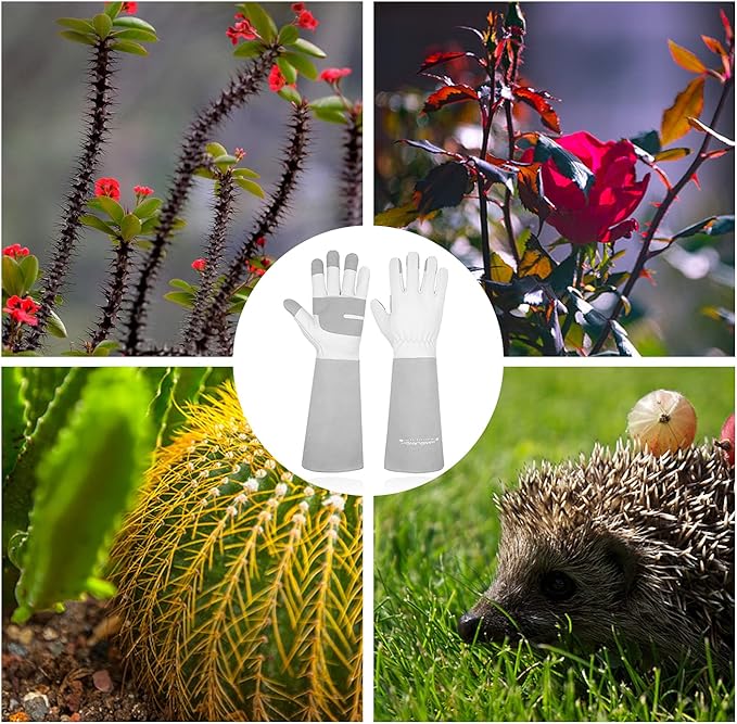 HANDLANDY Long Gardening Gloves for Men & Women, Thorn Proof Rose Pruning Gloves Leather Gauntlets Garden Glove Yard Work Glove (Medium, Grey)-VerdiqueGarden