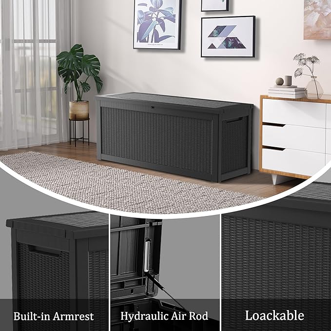 320 Gallon Lockable Resin Deck Box, Waterproof & UV-Resistant Outdoor Storage Box for Outdoor Cushion Storage, Garden Tools & Pool Accessories Storage, Black-VerdiqueGarden