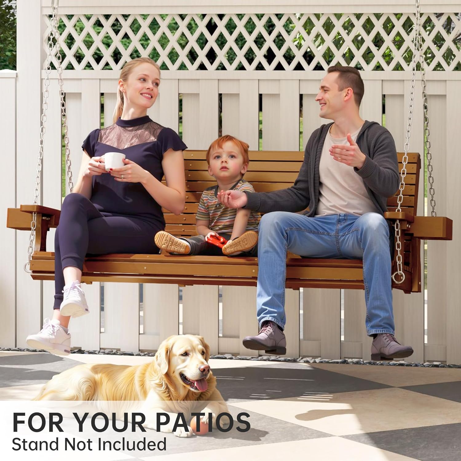 Wooden Outdoor Porch Swings, 3 Seater Front Porch Swing with Upgraded 22" Deep Seat, Heavy Duty 880 Lbs Swing Bench Chair for for Patio, Backyard, Garden (Teak Tone, 5 FT)-VerdiqueGarden