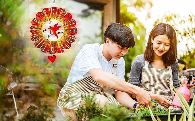 SteadyDoggie Wind Spinner - 12-Inch 3D Stainless Steel Lovebird Design with Heart Pendant - Laser Cut Metal Art Geometric Pattern - Hanging Kinetic Yard Garden Decor-VerdiqueGarden