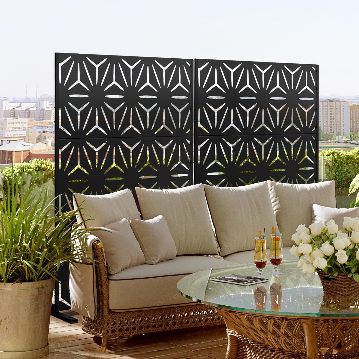 Metal Privacy Screen Outdoor 72" H×47" W, Freestanding Decorative Privacy Screen for Balcony Yard&Garden, Privacy Fence-Black&Star-VerdiqueGarden