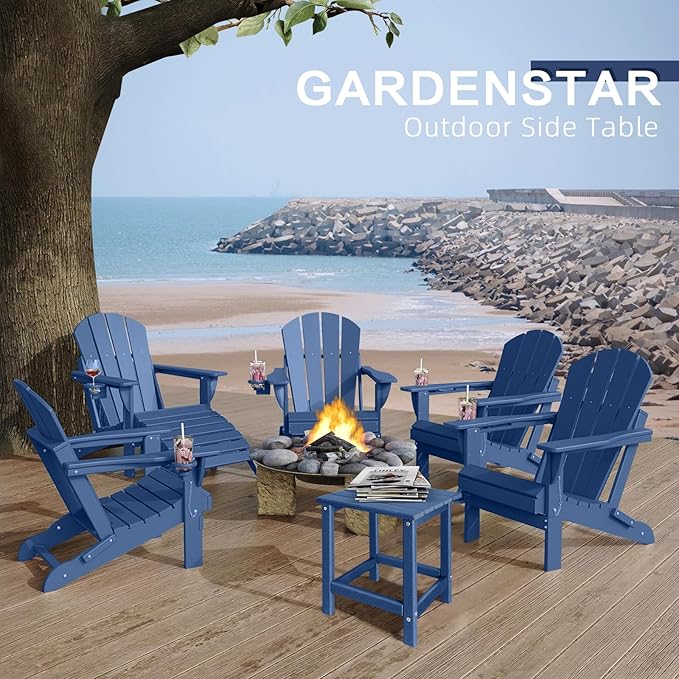Adirondack Side Table Outdoor, HDPE Small Outdoor Table for Patio, Outside End Table, Blue, 13.98" x 13.19" x 16.73"-VerdiqueGarden