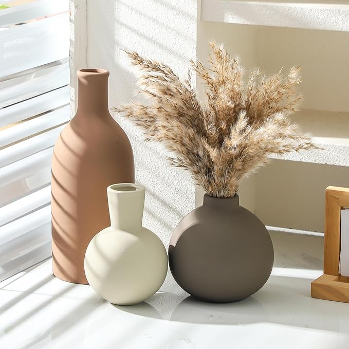 Vase Set of 3 | Ceramic Neutral Vases Home Decor | Rustic Flower Pottery Vases Modern Farmhouse Vase for Table Entryway Mantel Centerpiece Bookshelf Living Room Bathroom Bedroom -Brown Large-VerdiqueGarden
