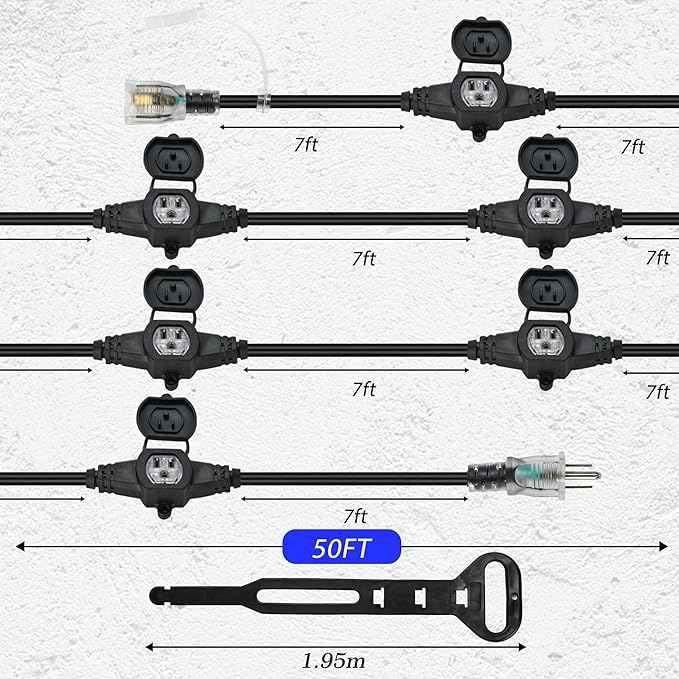 50FT 16 Gauge Power Extension Cord,7 Spaced Outlet Cable.Multi Outdoor Evenly-Spaced Plugs,Power Cord Splitter,Ideal for Holiday Decoration and Christmas Light,ETL Listed-VerdiqueGarden