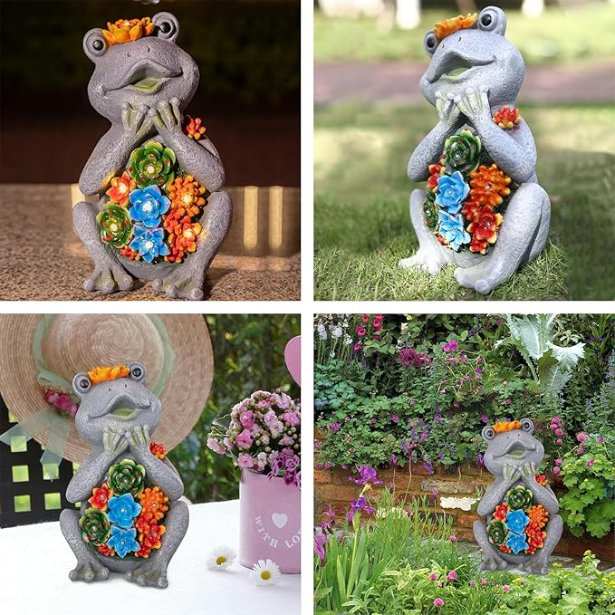 Frog Solar Figurine Light Statue Outdoor Gardening Gifts Decoration Garden Frogs Yard Decor Lamp With 8 Led Lights And Succulent Waterproof Patio Lawn Decor Housewarming Frog Gifts For Women-VerdiqueGarden