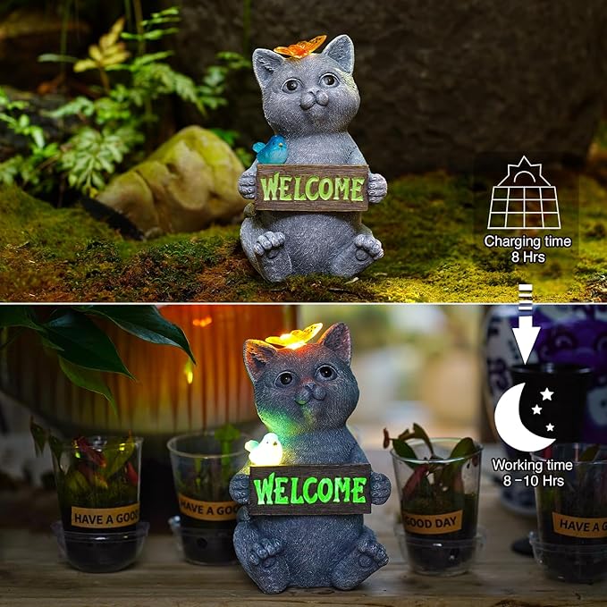 Goodeco Solar Cat with Welcome Sign - Outdoor Cat Statue with Solar Butterfly & Bird Lights - Perfect Cat Decor for Cat Lovers, Ideal Housewarming Gifts for Women & Moms (Gray)-VerdiqueGarden