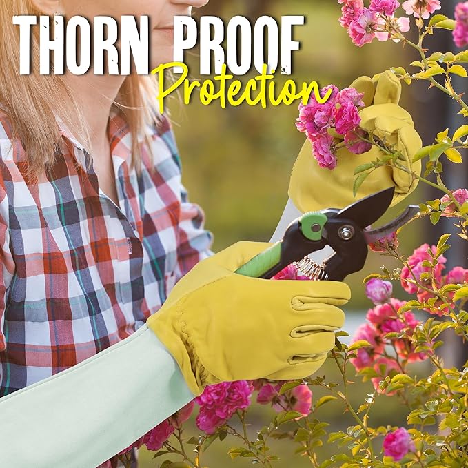 HANDLANDY Rose Gloves for Men & Women, Long Leather Gardening Gloves Thorn Proof, Best Garden Gifts & Tools for Gardener (Yellow-beige, Small (Pack of 1))-VerdiqueGarden