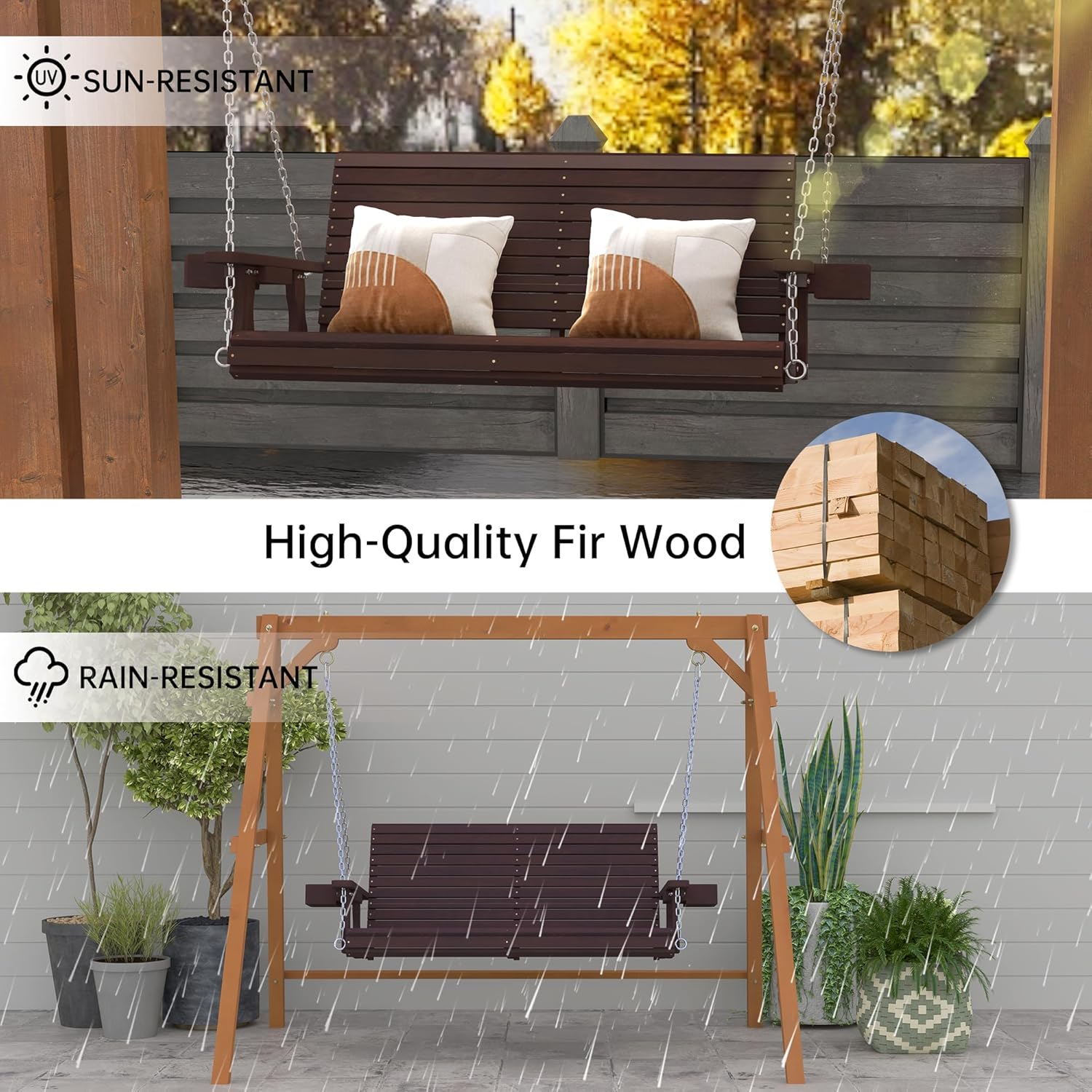 Wooden Outdoor Porch Swings, 2 Seater Front Porch Swing with Upgraded 22" Deep Seat, Heavy Duty 880 Lbs Swing Bench Chair for for Patio, Backyard, Garden (Brown, 4 FT)-VerdiqueGarden