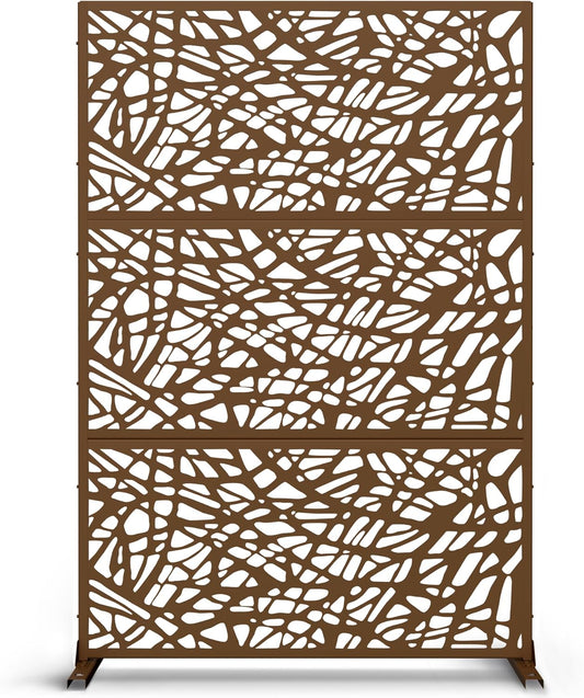 Metal Privacy Screen Outdoor 72" H×47" W,Freestanding Decorative Privacy Screen for Balcony Yard&Garden,Privacy Fence-Brown&Net-VerdiqueGarden