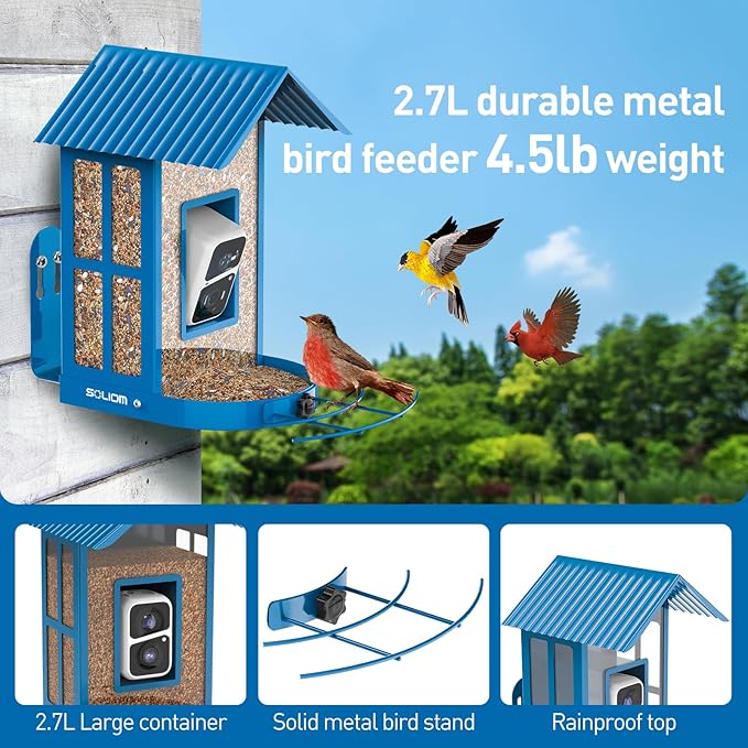 Bird Feeder with Camera with AI Identify Species, Wild Bird Watching, 2K Live View, Instant Arrival Alerts with 5W Solar Powered-Soliom BF08 Metal Blue-VerdiqueGarden
