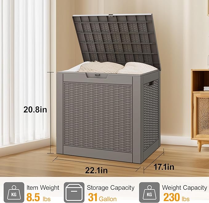 KAMABOKO 30 Gallon Outdoor Storage Box, Resin Deck Boxes Indoor and outdoor, Waterproof Storage Box Lockable Lid for Garden Tools, Package Delivery, Pool Supplies, Patio Cushions, Grey-VerdiqueGarden