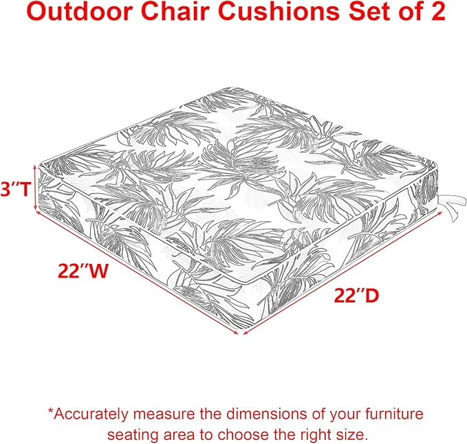 Favoyard Outdoor Chair Cushion 22 x 22 x 3 In Waterproof Pattern Fade Resistant Cushions for Patio Furniture with Removable Cover Attach Straps 28D Foam Insert Cushions Pads for Seat Sofa Couch 2 Pack-VerdiqueGarden