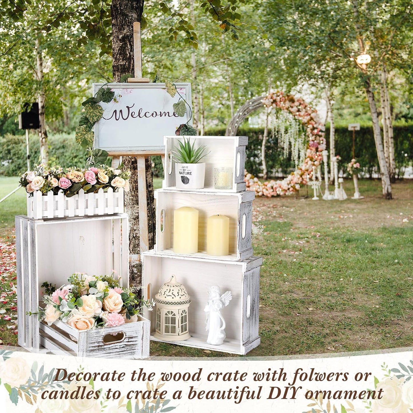 5 Pack Decorative Wood Crates for Display 5 Sizes Rustic Nesting Wooden Crates Vintage Storage Container Boxes with Handles Handmade Decorative Baskets Bin for Farmhouse(Vintage White)-VerdiqueGarden