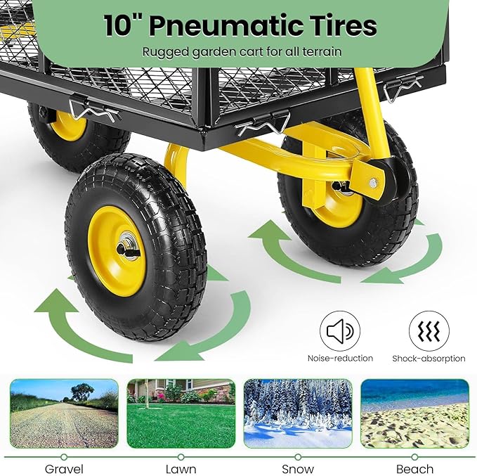 Homdox MAX 880 Lbs Garden Cart, Heavy Duty Foldable Mesh Steel Garden Wagon with 180° Rotating Handle and 10 Inch Tires, Pullable Yard Cart for Yard Garden Beach Farm, Yellow with Bag-VerdiqueGarden