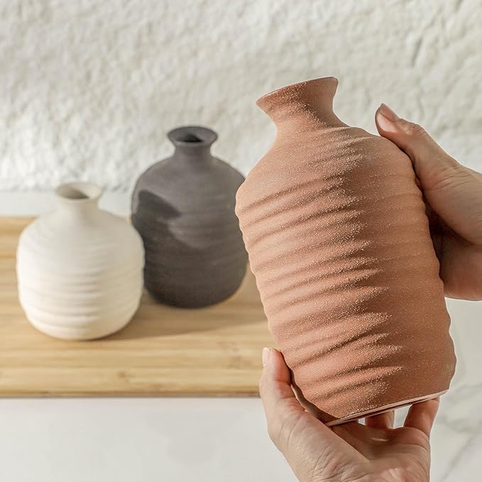 Ceramic Vase Set of 3 Decorative Vase for Home Decor Modern Farmhouse Decor Pottery Neutral Vases for Living Room Bathroom Table Mantel Fireplace Entryway Shelf (02-Brown)-VerdiqueGarden