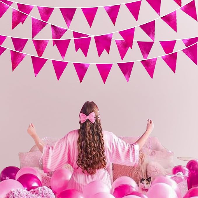 Hot Pink Party Decorations Triangle Pennant Banner Flag Rose Pink Metallic Fabric Bunting Garland for Birthday Bachelorette Wedding Bridal Shower Anniversary Flamingo Theme Party Supplies-VerdiqueGarden