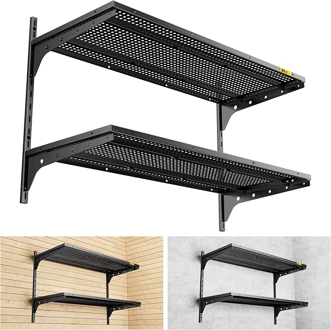 2 Tier 1.3x3ft Garage Shelving Wall Mounted, 400 lbs Load Capacity,15.6x36inch per Shelf Height Cassette Adjustable Floating Shelves(Black)-VerdiqueGarden