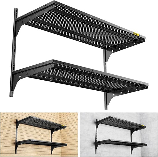 2 Tier 1.3x3ft Garage Shelving Wall Mounted, 400 lbs Load Capacity,15.6x36inch per Shelf Height Cassette Adjustable Floating Shelves(Black)-VerdiqueGarden