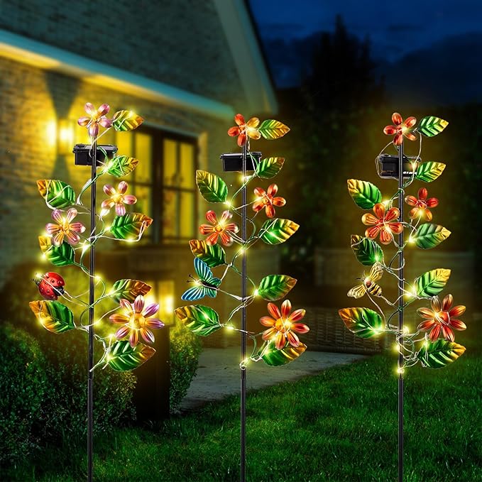3 Pack Solar Garden Lights, Flower & Insect Metal Solar Stake Light, 23" H Outdoor Statues Figurine Lights for Garden Lawn Patio Yard Decoration-VerdiqueGarden