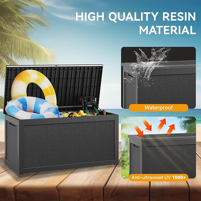 KAMABOKO 260 Gallon Outdoor Storage Box, Resin Deck Boxes Indoor and outdoor, Waterproof Storage Box Lockable Lid for Garden Tools, Package Delivery, Patio Cushions, Black-VerdiqueGarden