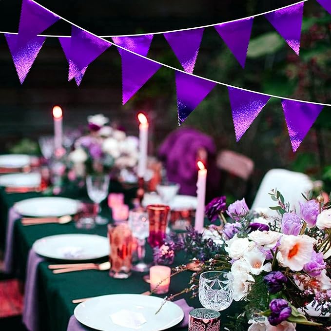 Purple Party Decorations Triangle Pennant Banner Flag Dark Purple Metallic Fabric Bunting Garland for Graduation Wedding Bridal Shower Birthday Anniversary Holiday Halloween Disco Party Supplies-VerdiqueGarden
