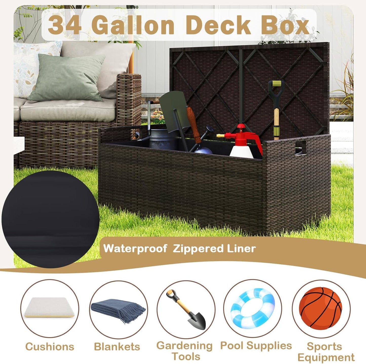RELAX4LIFE 34-Gallon Outdoor Storage Box - Wicker Rattan Deck Box w/Seat Cushion, Waterproof Liner & Side Handles for Pillows, Patio Cushions, Pool Supplies, Garden Tools, Porch Outdoor Storage Bench-VerdiqueGarden