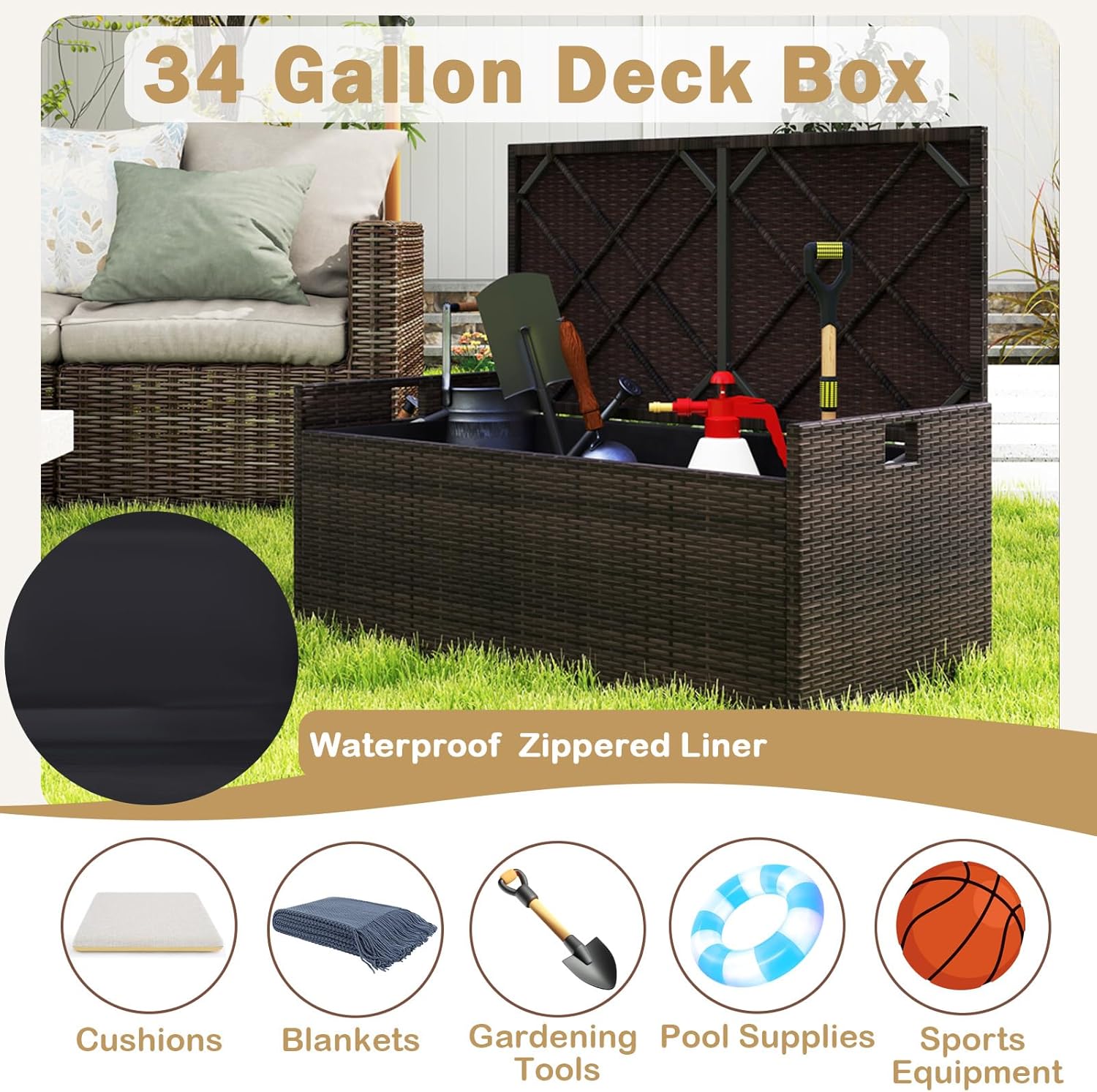 RELAX4LIFE 34-Gallon Outdoor Storage Box - Wicker Rattan Deck Box w/Seat Cushion, Waterproof Liner & Side Handles for Pillows, Patio Cushions, Pool Supplies, Garden Tools, Porch Outdoor Storage Bench-VerdiqueGarden