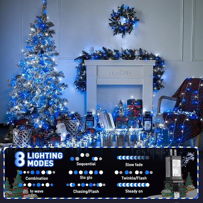 JMEXSUSS Blue and White String Lights Outdoor Indoor, 200 LED Christmas String Lights Clear Wire, 66ft Christmas Lights Plug in for Bedroom Tree Room Party Decorations-VerdiqueGarden