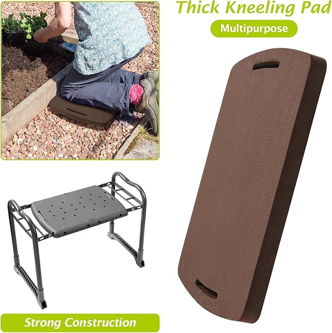 ikkle Garden Kneeler and Seat Gardening Stool Kneeler Folding Gardening Bench with Thicker Detachable Kneeling Pad and Tool Store Pouches (Brown)-VerdiqueGarden