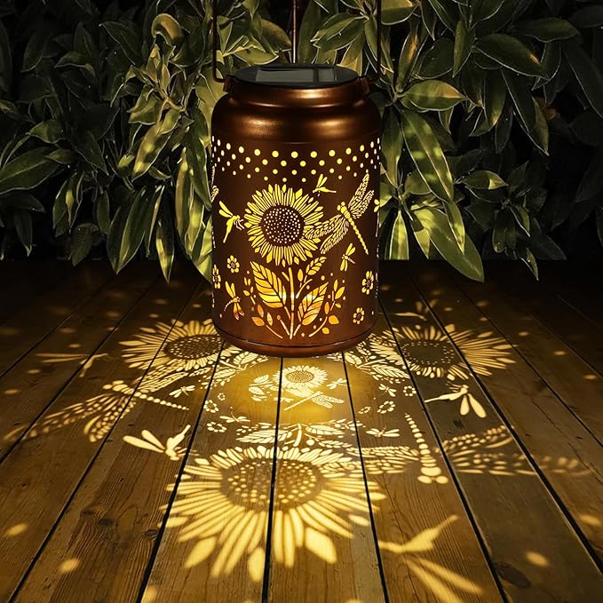 Solar Lanterns Outdoor Waterproof Hummingbird Garden Decor Christmas Gifts for Women Mom Grandma Hanging Lights Metal Decoration Outside for Yard, Patio,Backyard,Porch(Dragonfly and Sunflower)-VerdiqueGarden