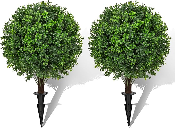 22" Artificial Boxwood Topiary Ball Trees with Ground Spike Set of 2 - UV Resistant Faux Green Shrubs & Bushes Potted Plants for Outdoor Indoor Front Porch Garden-VerdiqueGarden