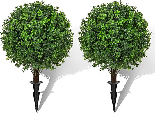22" Artificial Boxwood Topiary Ball Trees with Ground Spike Set of 2 - UV Resistant Faux Green Shrubs & Bushes Potted Plants for Outdoor Indoor Front Porch Garden-VerdiqueGarden
