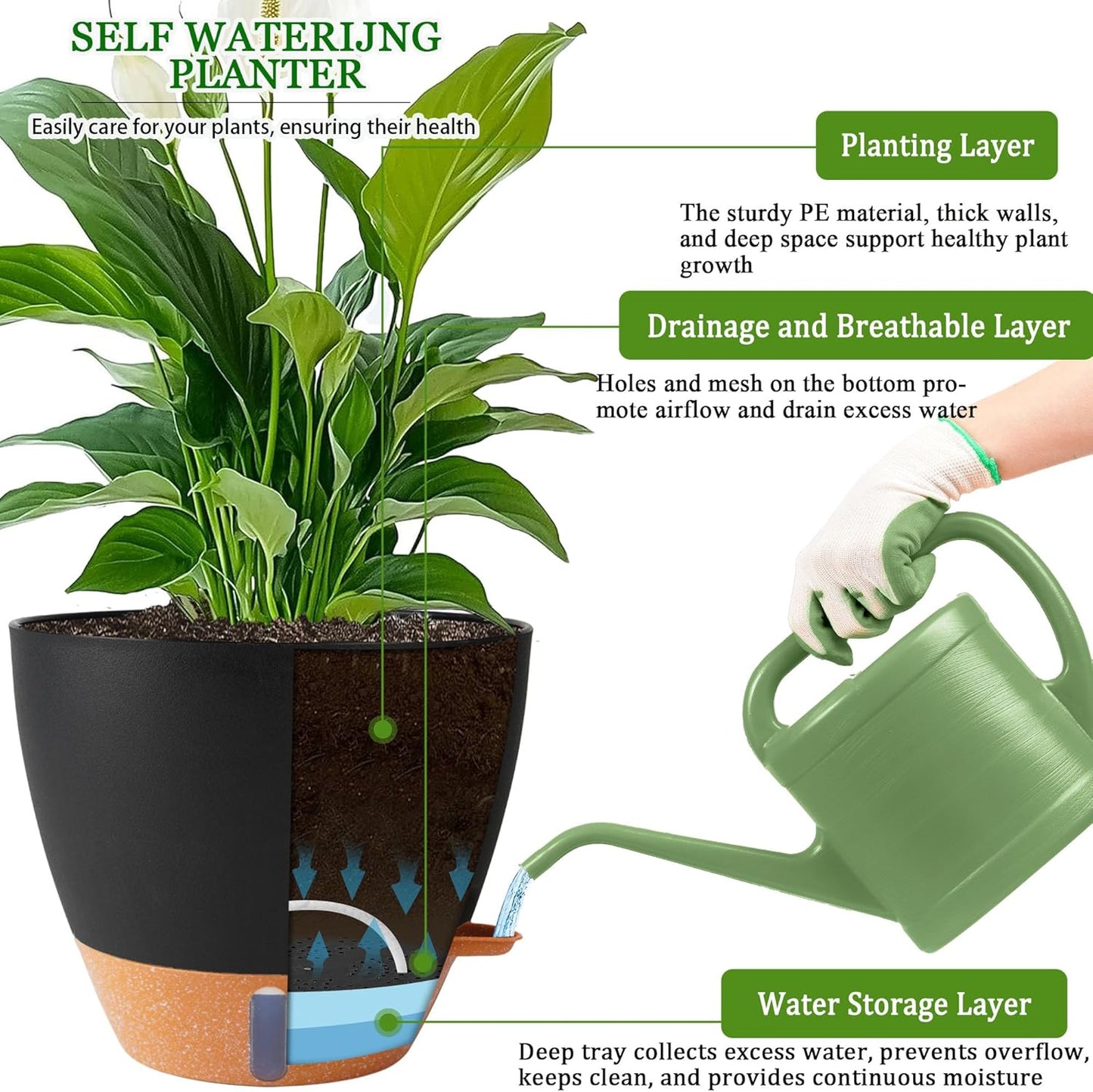 2 Pack 10 inch Plant Pots, Plastic Self Watering Planters with Drainage Holes, Deep Reservoir, Water Level Indicator, Modern Decorative Flower Pots for Indoor Outdoor Plants (Black, 10 inch)-VerdiqueGarden