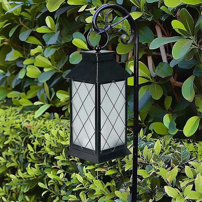 18" Solar Lanterns Outdoor Waterproof, Glass Solar Flickering Flame Lantern Large Hanging Solar Lantern Metal Decorative for Patio Garden Backyard Outside Tabletop (Vintage Black)-VerdiqueGarden