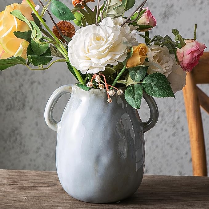 Kimdio Ceramic Vase with 2 Handles, Modern Farmhouse Grey Vase for Home Decor, Rustic Pottery Vase, Boho Decorative Terracotta for Flowers, Clay Pampas Grass Vases for Living Room Dining Table Shelves-VerdiqueGarden