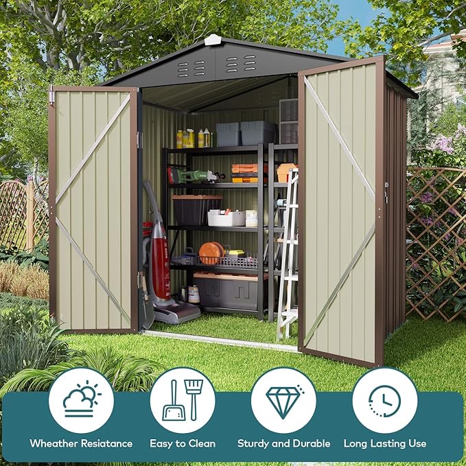 Gizoon Outdoor Storage Shed 6 x 4 FT, Galvanized Metal Garden Shed with Double Lockable Doors, Outdoor Storage Clearance for Backyard Patio Lawn-Light Brown-VerdiqueGarden